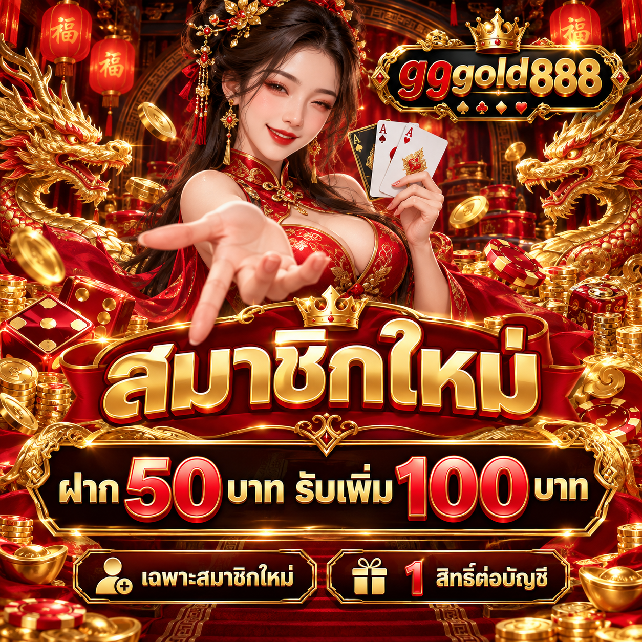 โปรโมชั่น gggold888 สมาชิกใหม่ ฝาก 50 บาท รับเพิ่ม 100 บาท